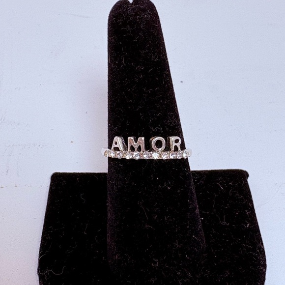 Silver Tone 'AMOR' Ring with Crystals Size 8 - Picture 2 of 9